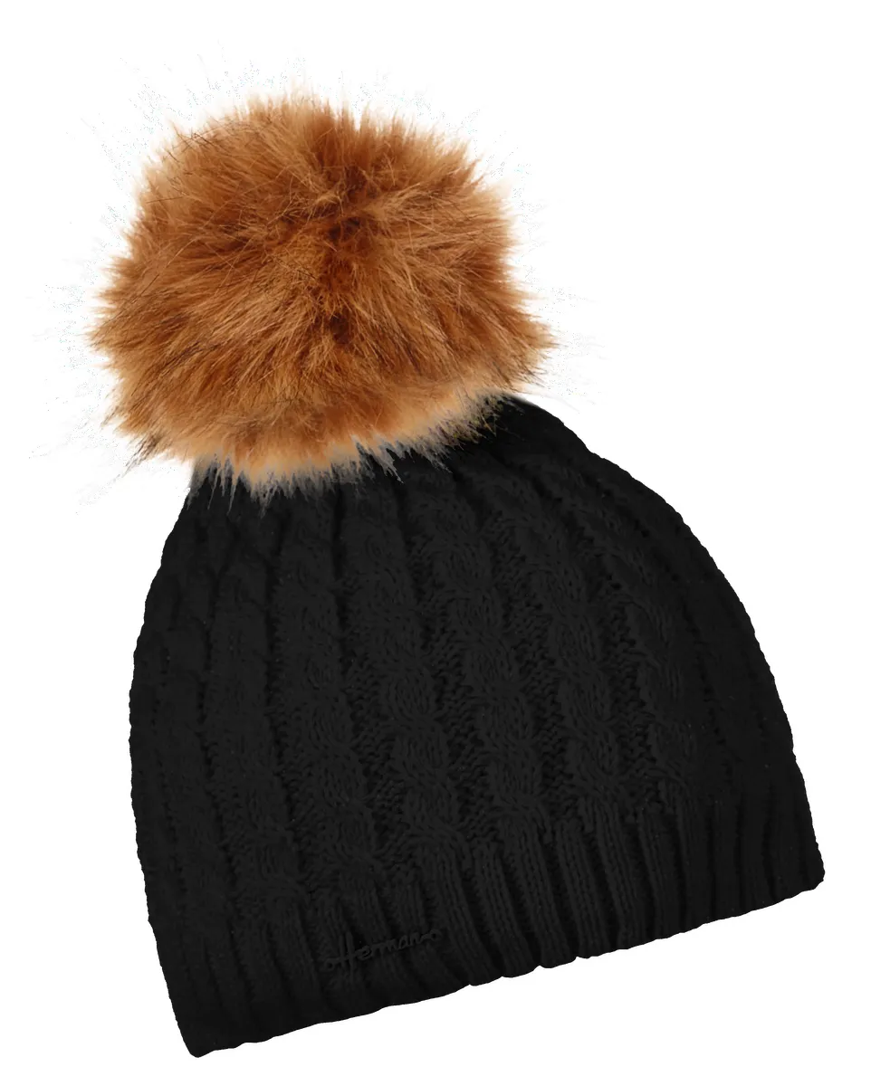 Bonnet Femme BONNET TORSADE UNI AVEC POMPON EN FAUSSE FOURRURE Noir