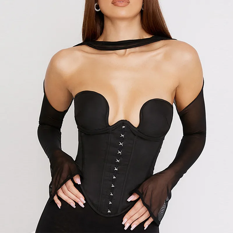 Bustier noir avec manches longues et tour de cou