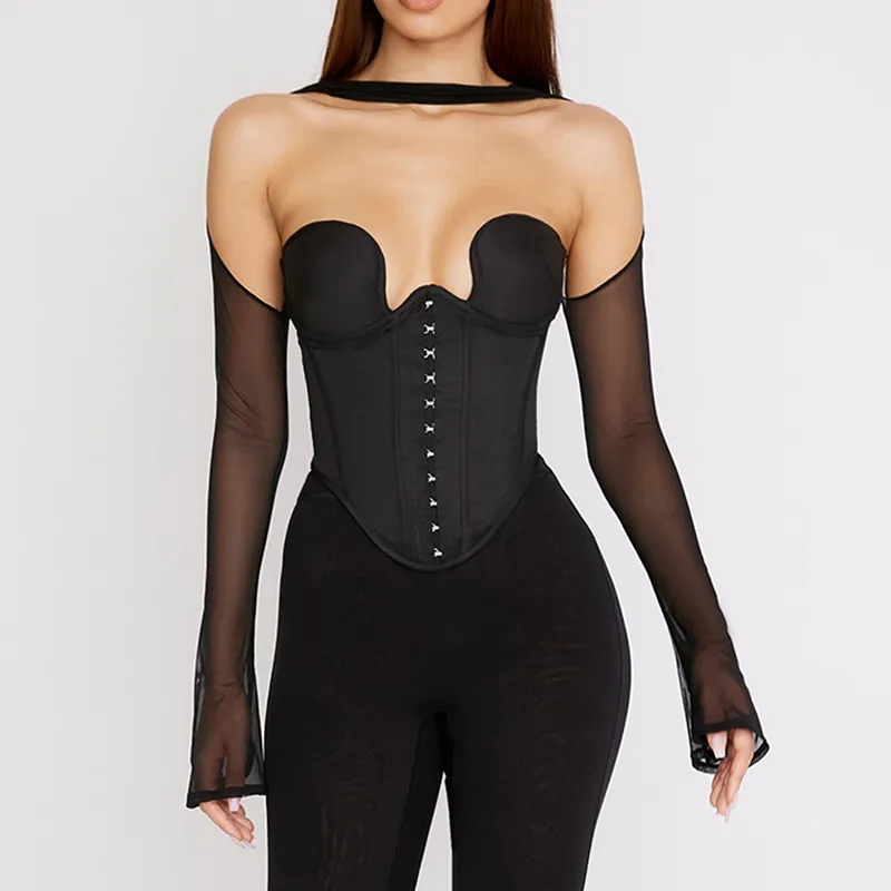 Bustier noir avec manches longues et tour de cou