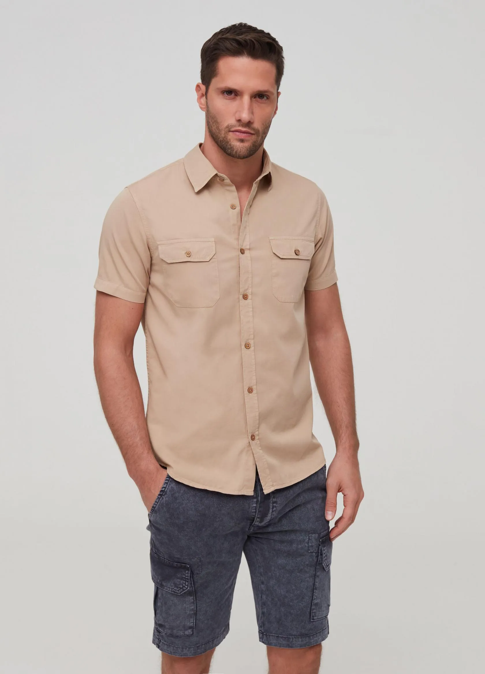 Chemises Casual Homme | 100% cotton shirt with short sleeves Beige | OVS