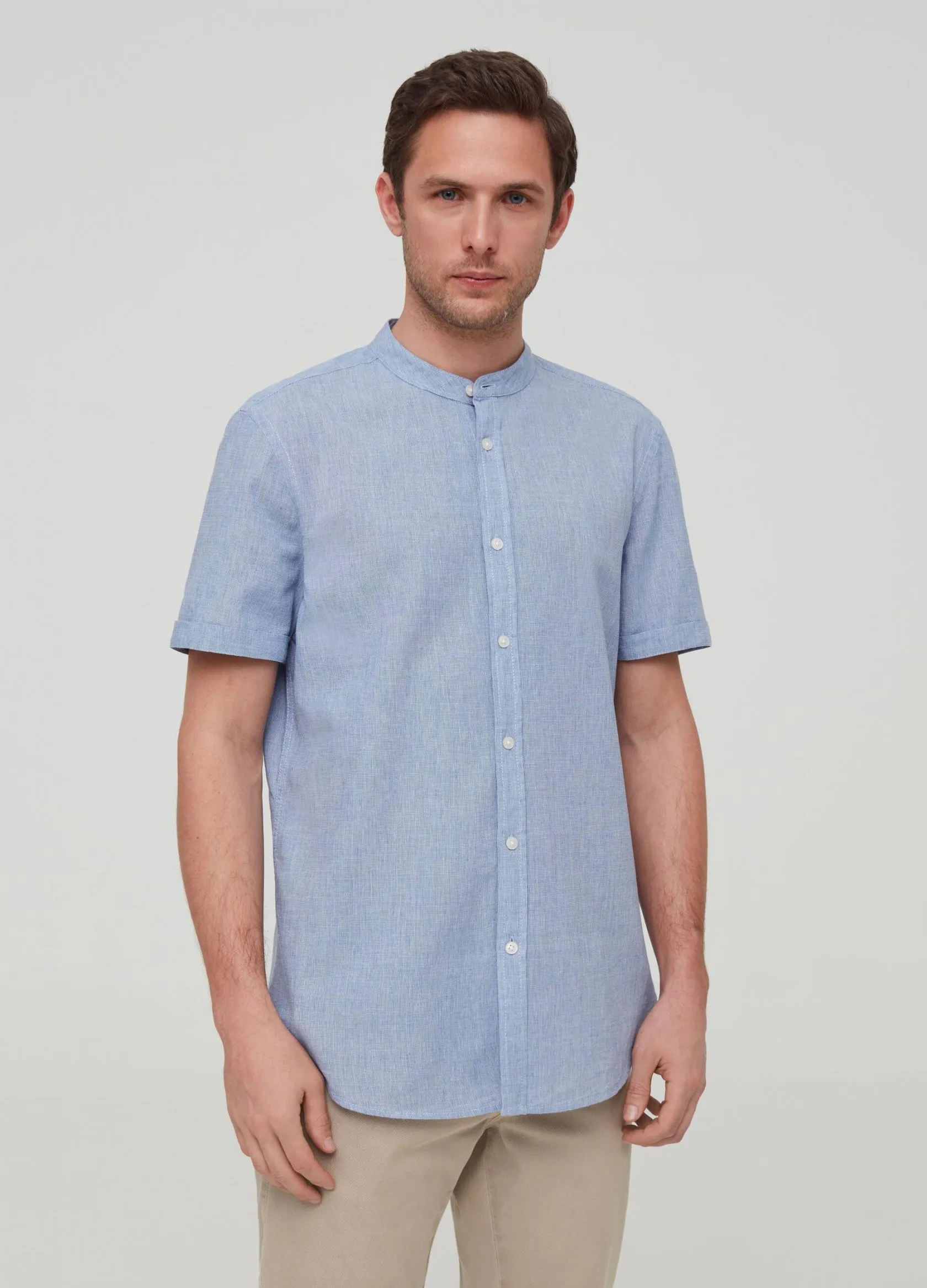 Chemises Casual Homme | Linen and cotton shirt with short sleeves Bleu clair | OVS