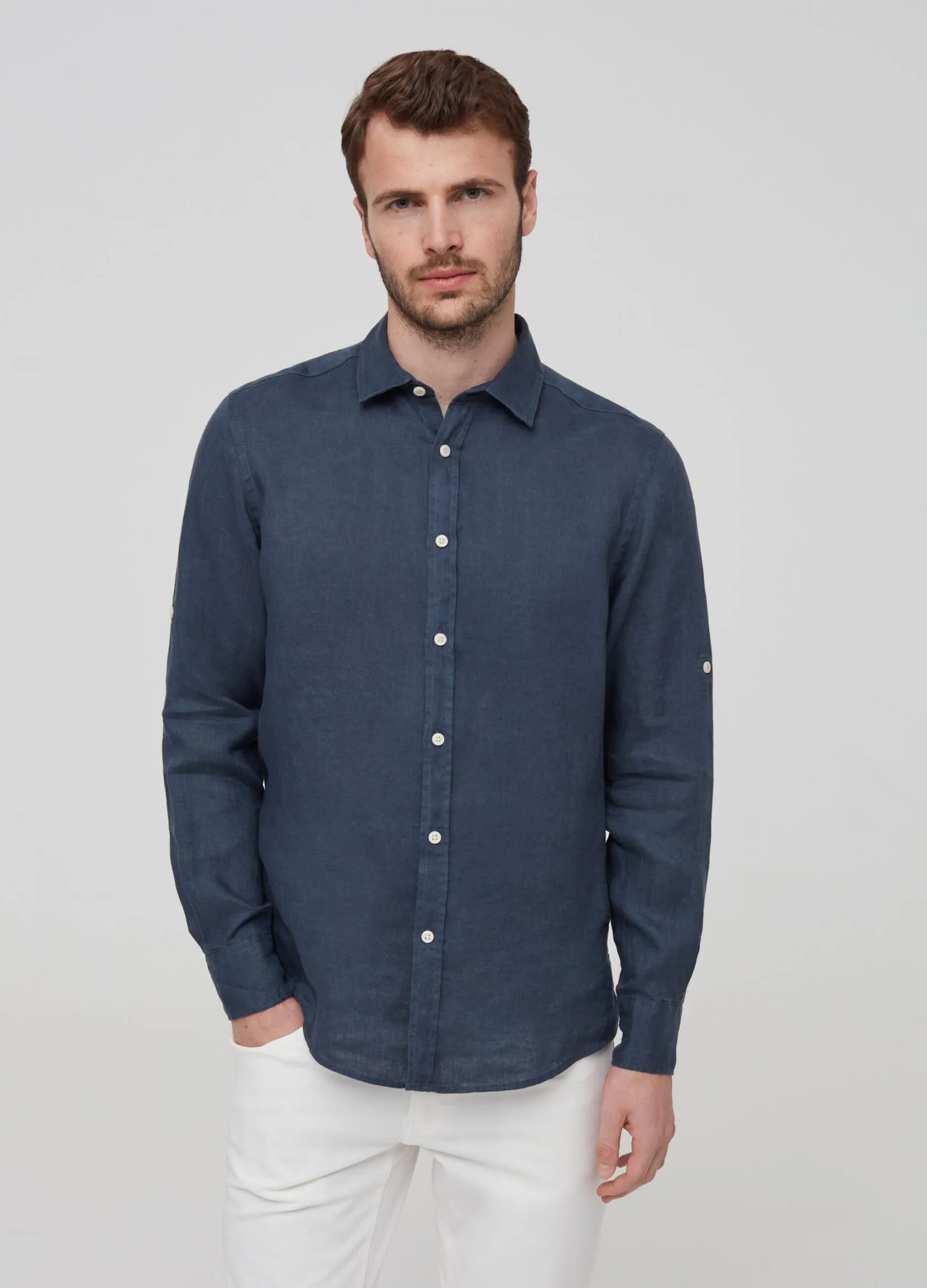 Chemises Casual Homme | Solid colour 100% linen shirt Gris foncé | OVS