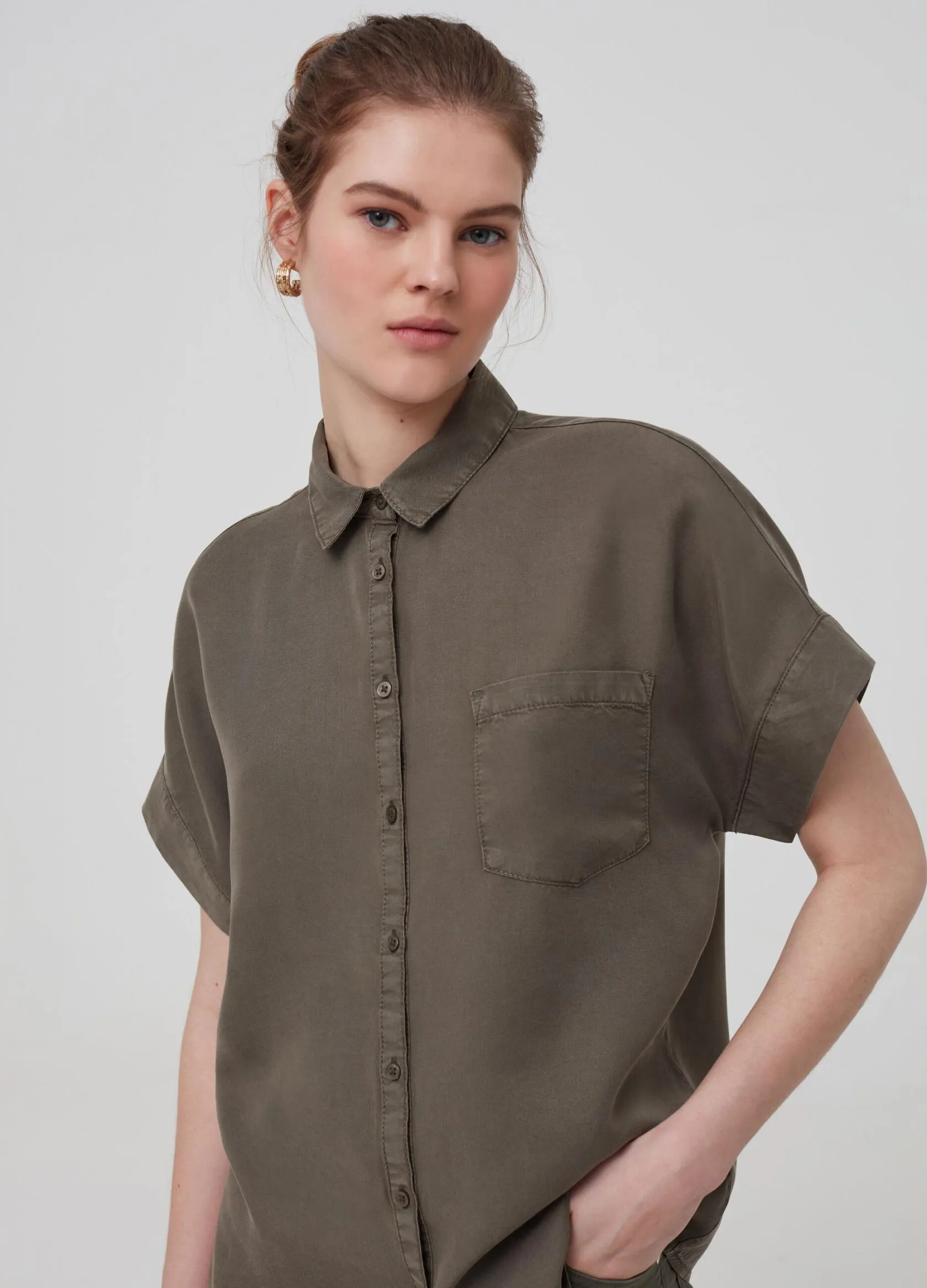 Chemises Et Blouses Femme | 100% Lyocell shirt with pocket Vert olive | OVS