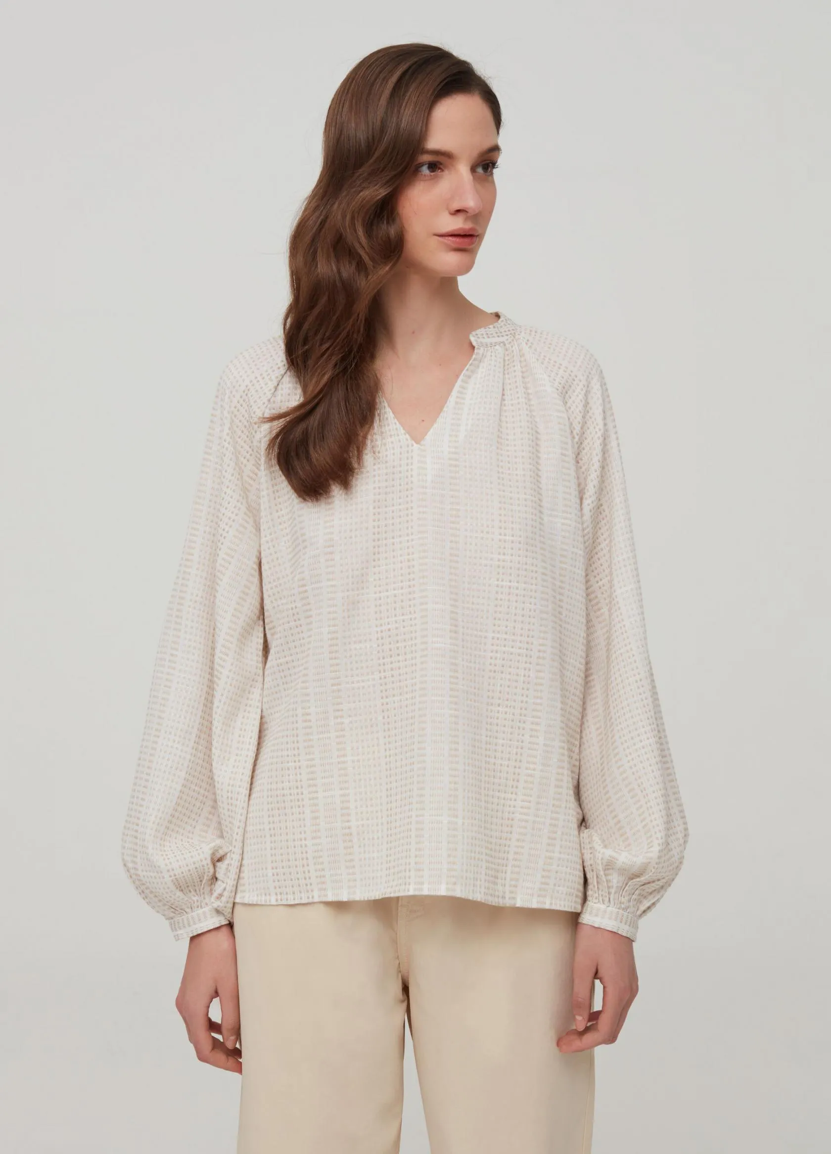 Chemises Et Blouses Femme | Geometric weave blouse in 100% cotton Blanc crème | OVS