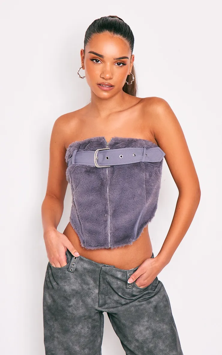 Corset en fausse fourrure gris foncé zippé à boucle