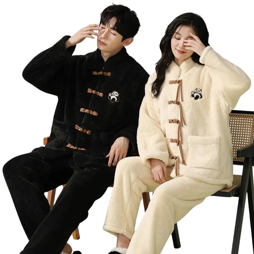 Ensemble de Pyjamas d'Hiver pais en Flanelle Douce et Chaleureuse pour Couple, Motif Cartoon Panda