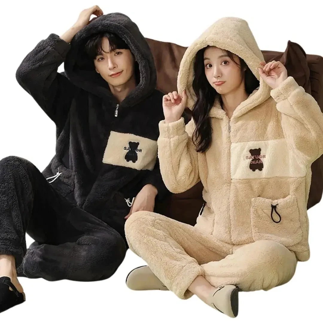 Ensemble de Pyjamas d'Hiver pais en Flanelle Douce et Chaleureuse pour Couple, Motif Cartoon Panda