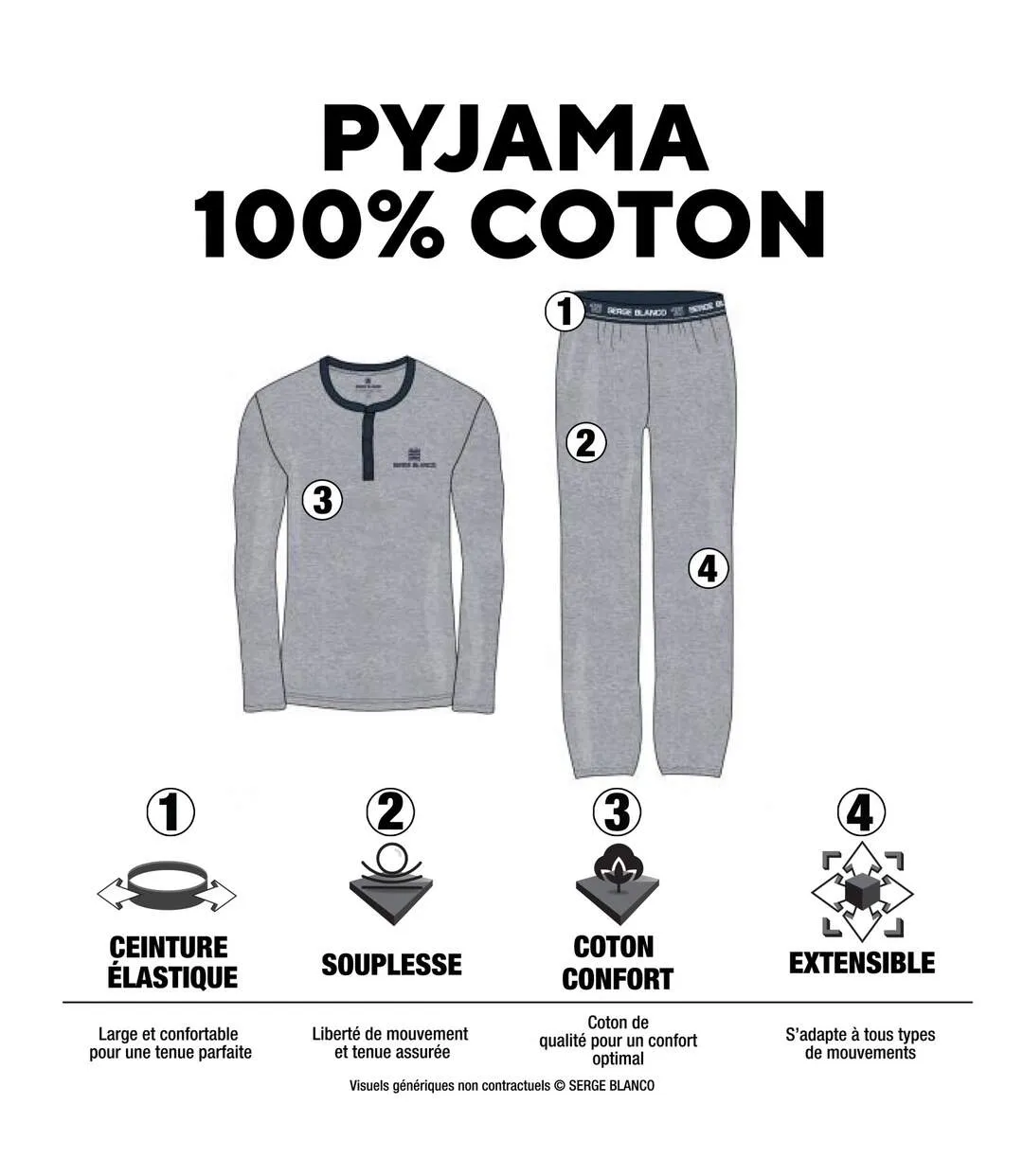 Ensemble pyjama long homme t-shirt col V bicolore Gan Serge Blanco