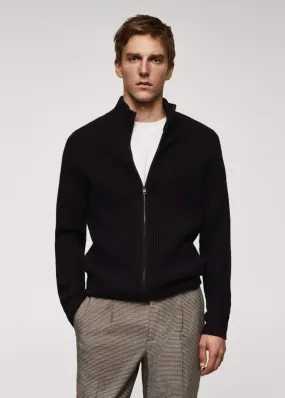 Gilets Et Pull-Overs | Homme MANGO Cardigan Maille Côtelée Détail Fermeture Éclair Noir