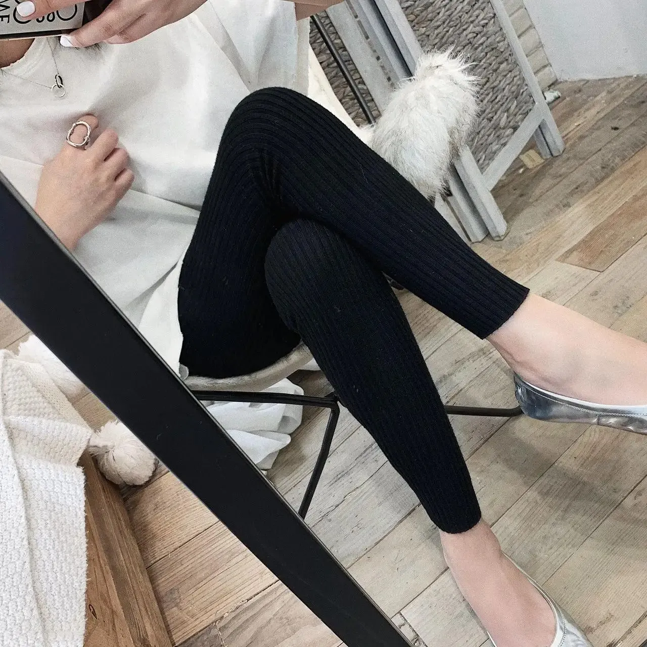 Leggings taille haute en maille ctelée pour femmes