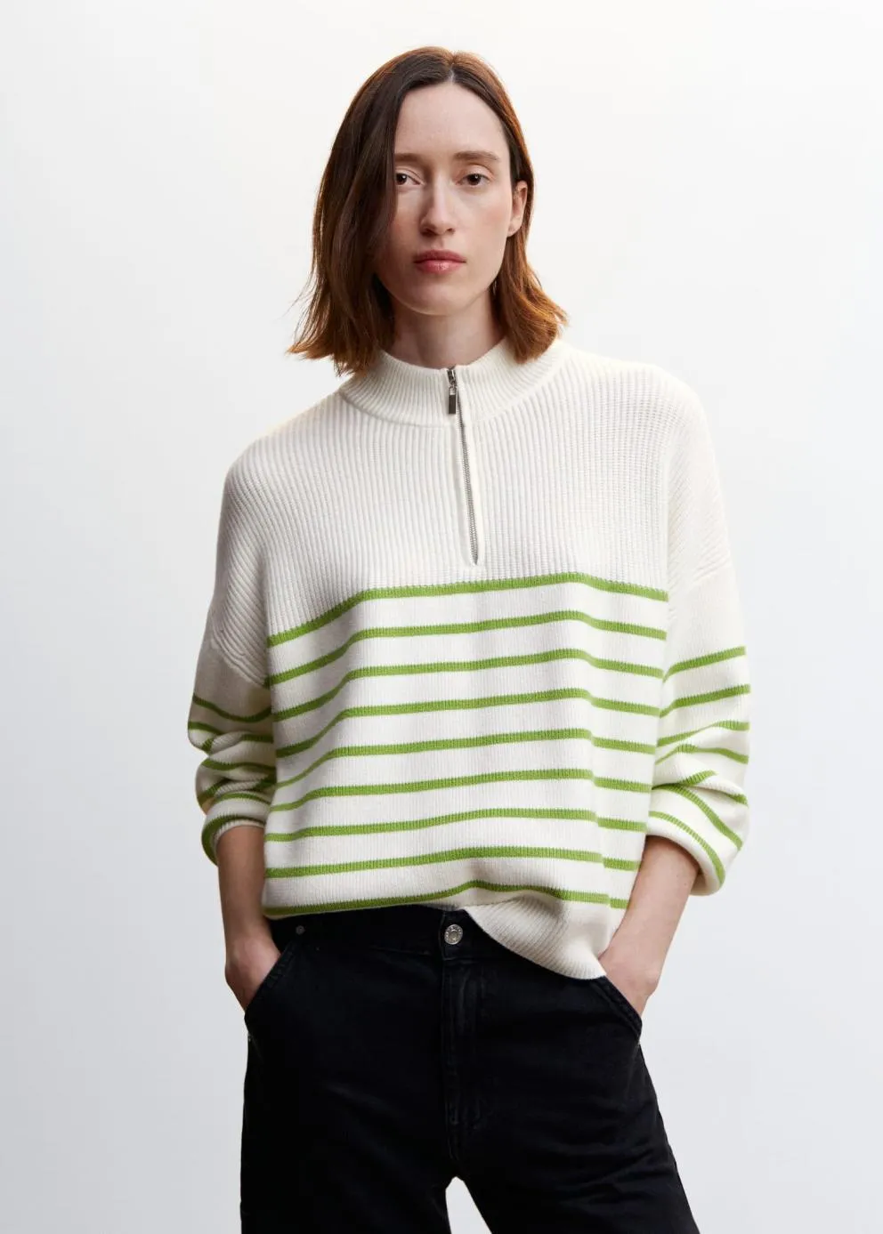 Pulls Et Cardigans | Femme MANGO Pull-over Zippé Rayures Vert