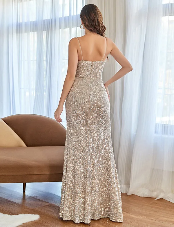 Robe de bal de fin d'année en paillettes, sirène, champagne, avec fente