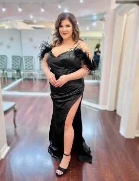 Robe de bal longue sirène noire avec plumes