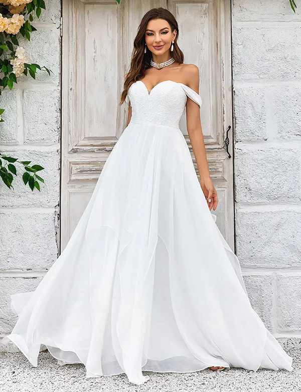 Robe de mariage élégante en mousseline ivoire avec dentelle