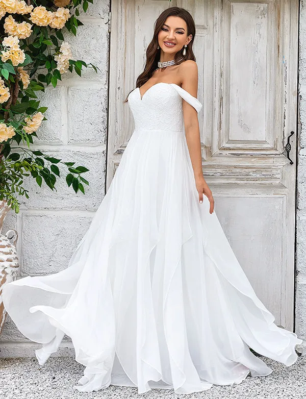 Robe de mariage élégante en mousseline ivoire avec dentelle