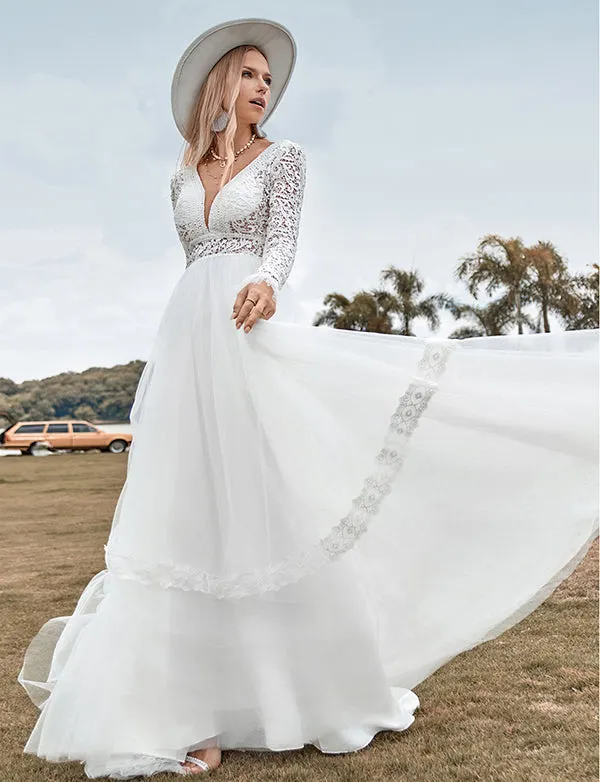 Robe de mariée Boho à manches longues et col en V profond avec dos