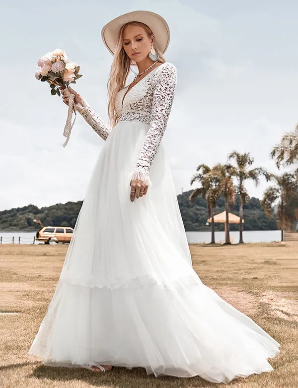 Robe de mariée Boho à manches longues et col en V profond avec dos