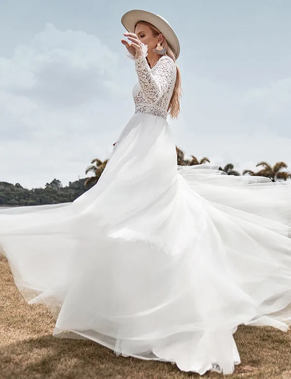 Robe de mariée Boho à manches longues et col en V profond avec dos