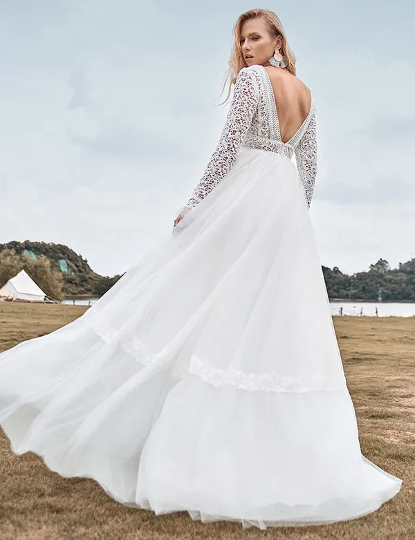 Robe de mariée Boho à manches longues et col en V profond avec dos