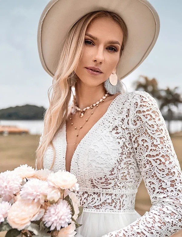 Robe de mariée Boho à manches longues et col en V profond avec dos