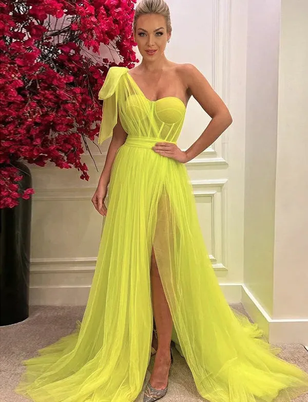 Robe de Soirée Jaune en Tulle à une Épaule