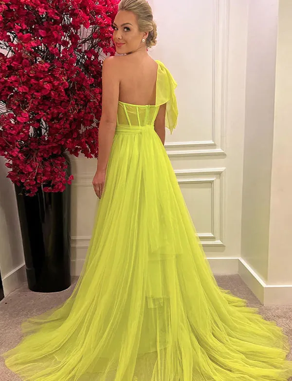 Robe de Soirée Jaune en Tulle à une Épaule