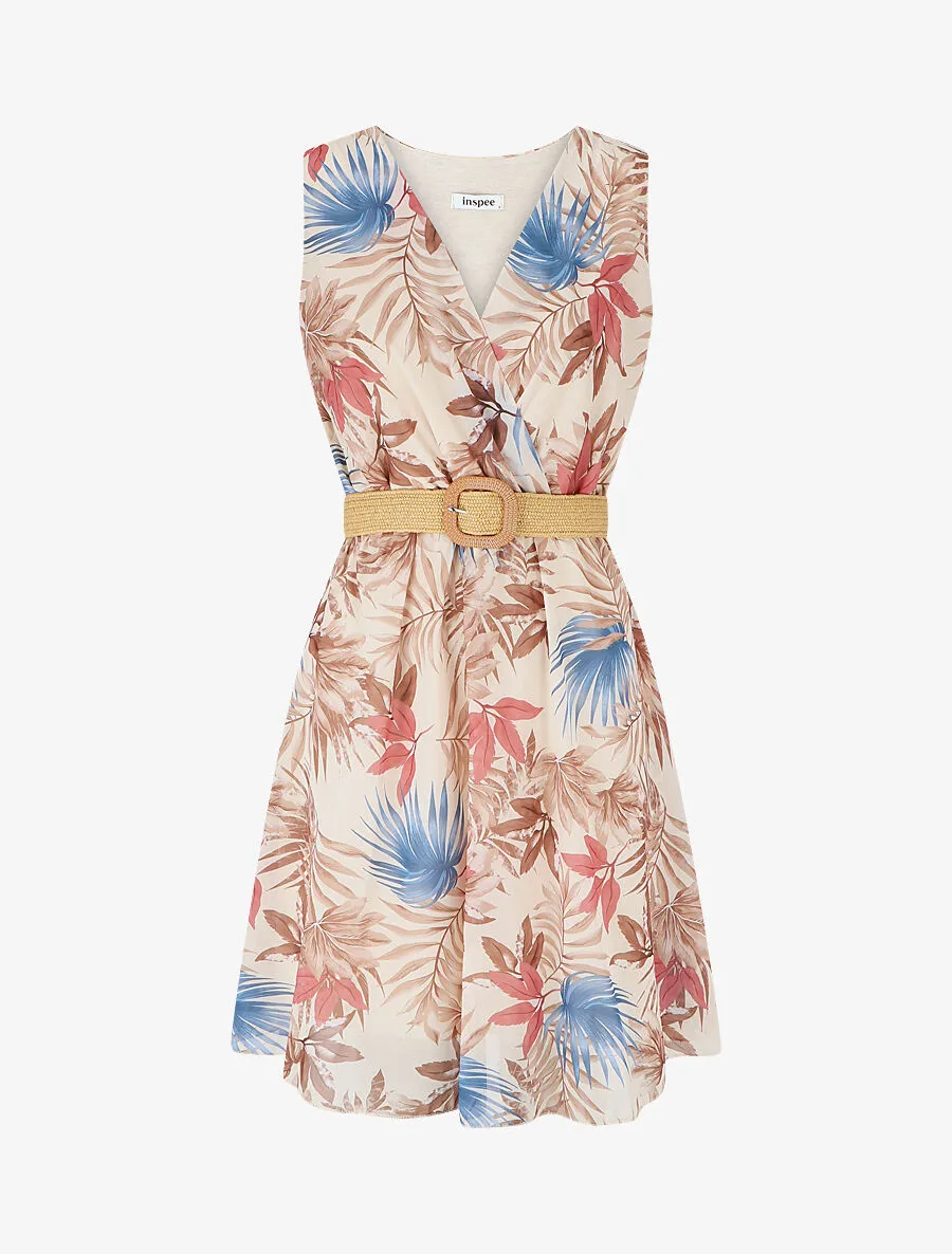 Robe élastiquée à imprimé feuillage - Marron