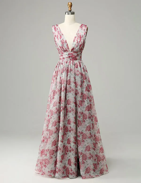 Robe longue de demoiselle d'honneur à fleurs grises et roses