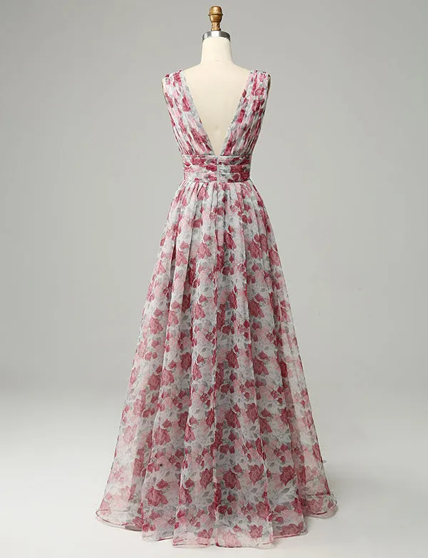 Robe longue de demoiselle d'honneur à fleurs grises et roses