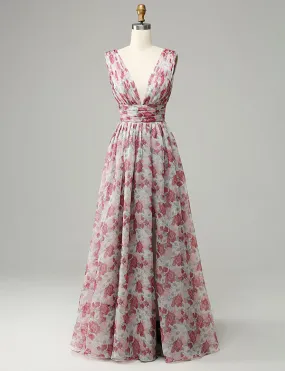 Robe longue de demoiselle d'honneur à fleurs grises et roses