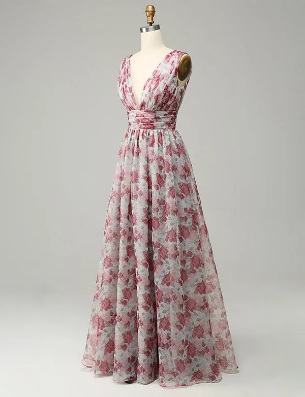 Robe longue de demoiselle d'honneur à fleurs grises et roses