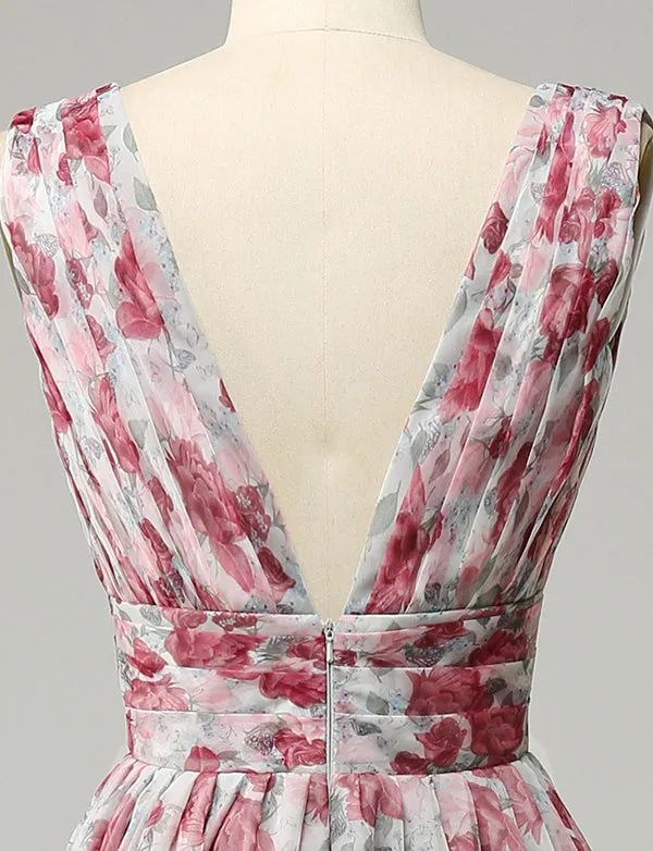 Robe longue de demoiselle d'honneur à fleurs grises et roses