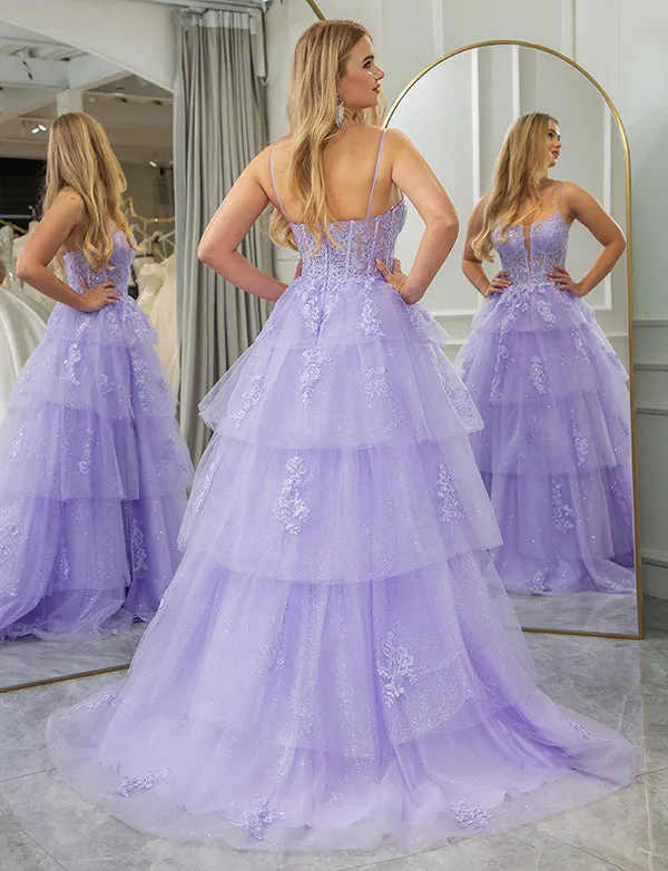 Robe longue de soirée avec fente Lilas Ligne A Appliquée