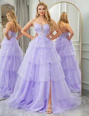 Robe longue de soirée avec fente Lilas Ligne A Appliquée