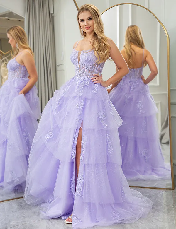 Robe longue de soirée avec fente Lilas Ligne A Appliquée