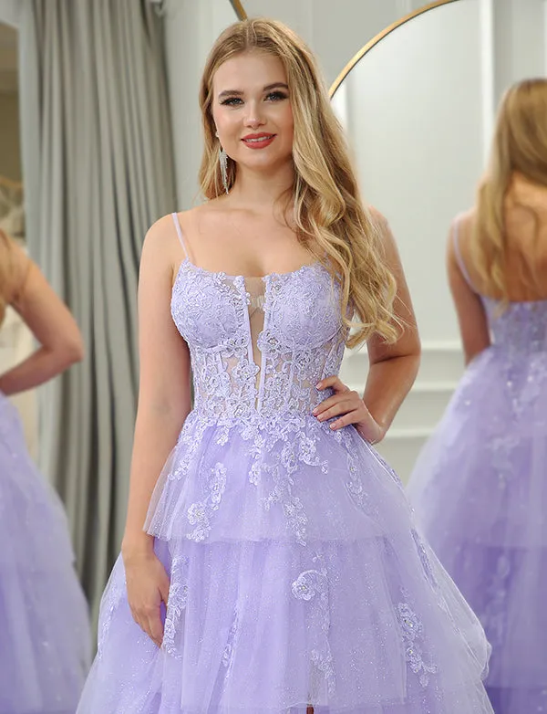 Robe longue de soirée avec fente Lilas Ligne A Appliquée