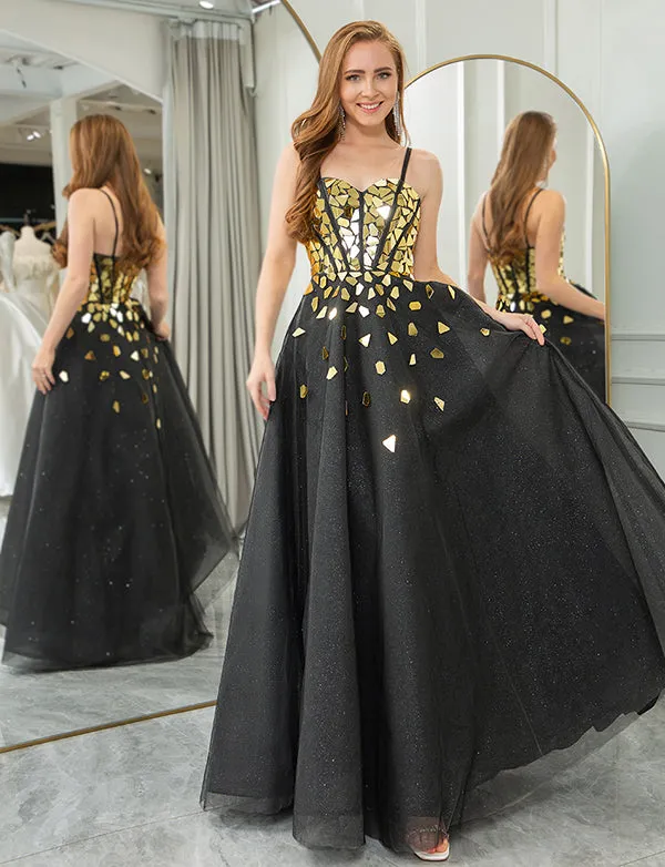 Robe longue de soirée avec miroir en paillettes noires et dorées