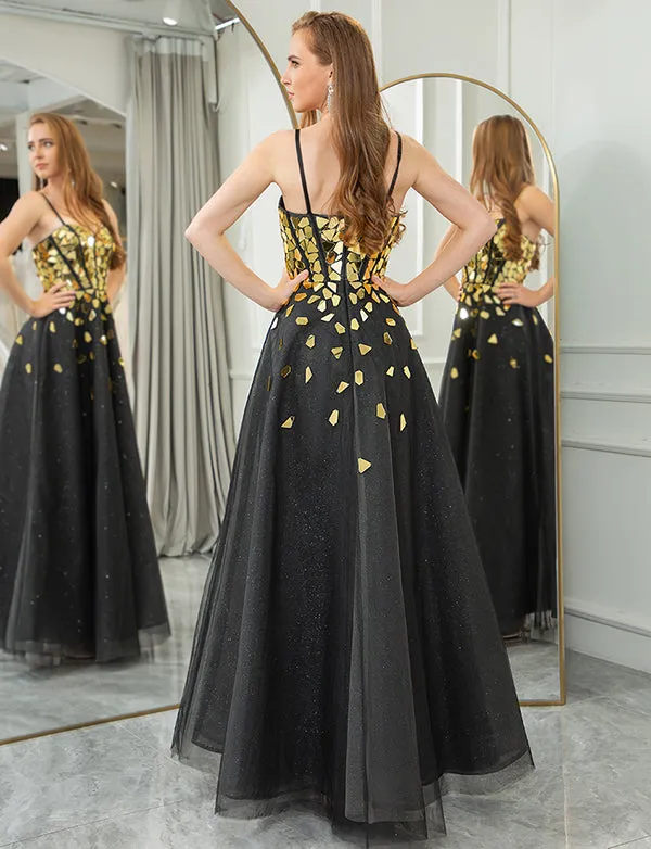 Robe longue de soirée avec miroir en paillettes noires et dorées