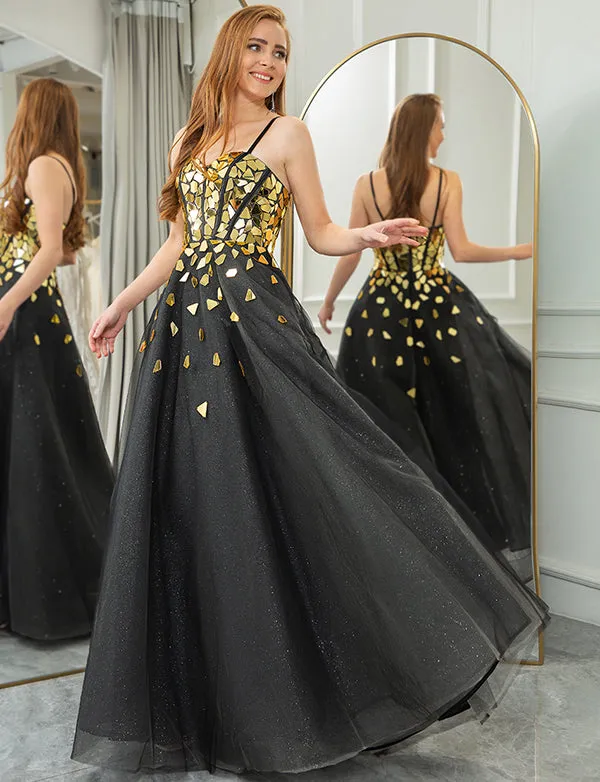 Robe longue de soirée avec miroir en paillettes noires et dorées