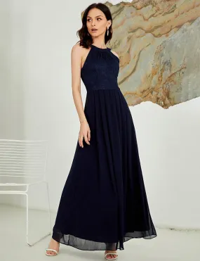 Robe longue dos nu en dentelle bleu marine