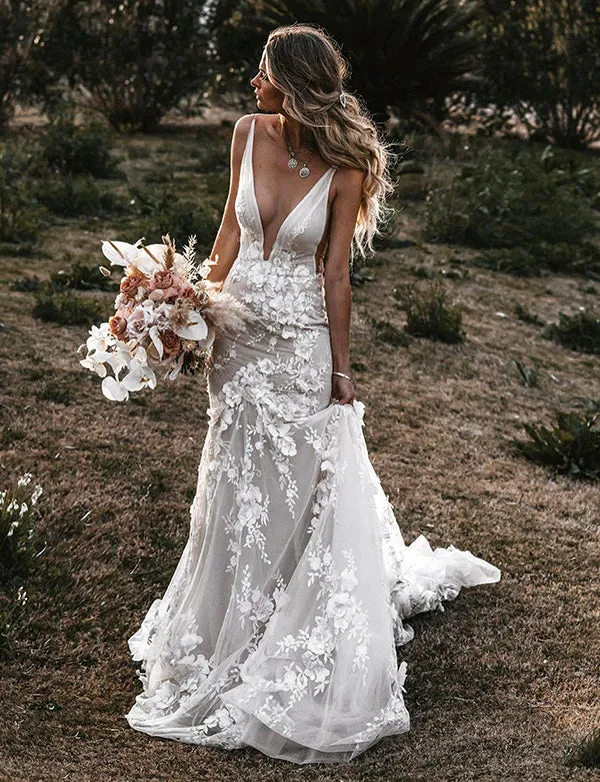 Robes de mariée sirène avec fleurs en 3D