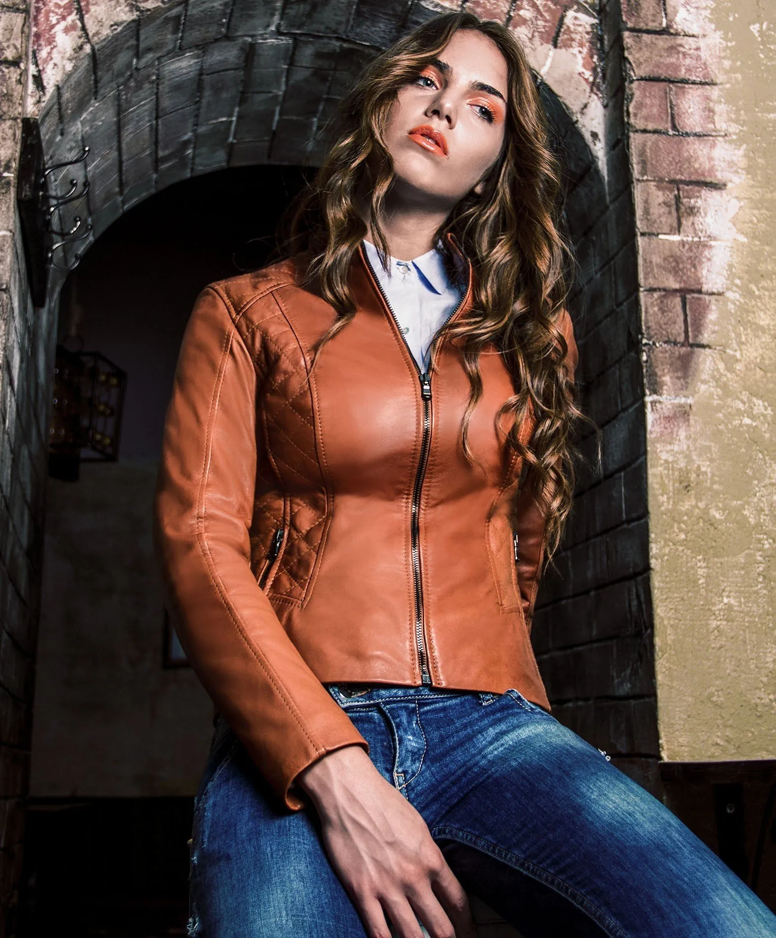 Veste en cuir femme blouson matelassé en cuir cognac Geny