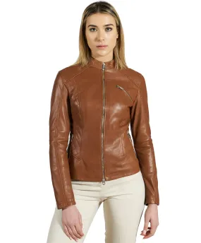 Veste en cuir femme blouson matelassé en cuir cognac Geny