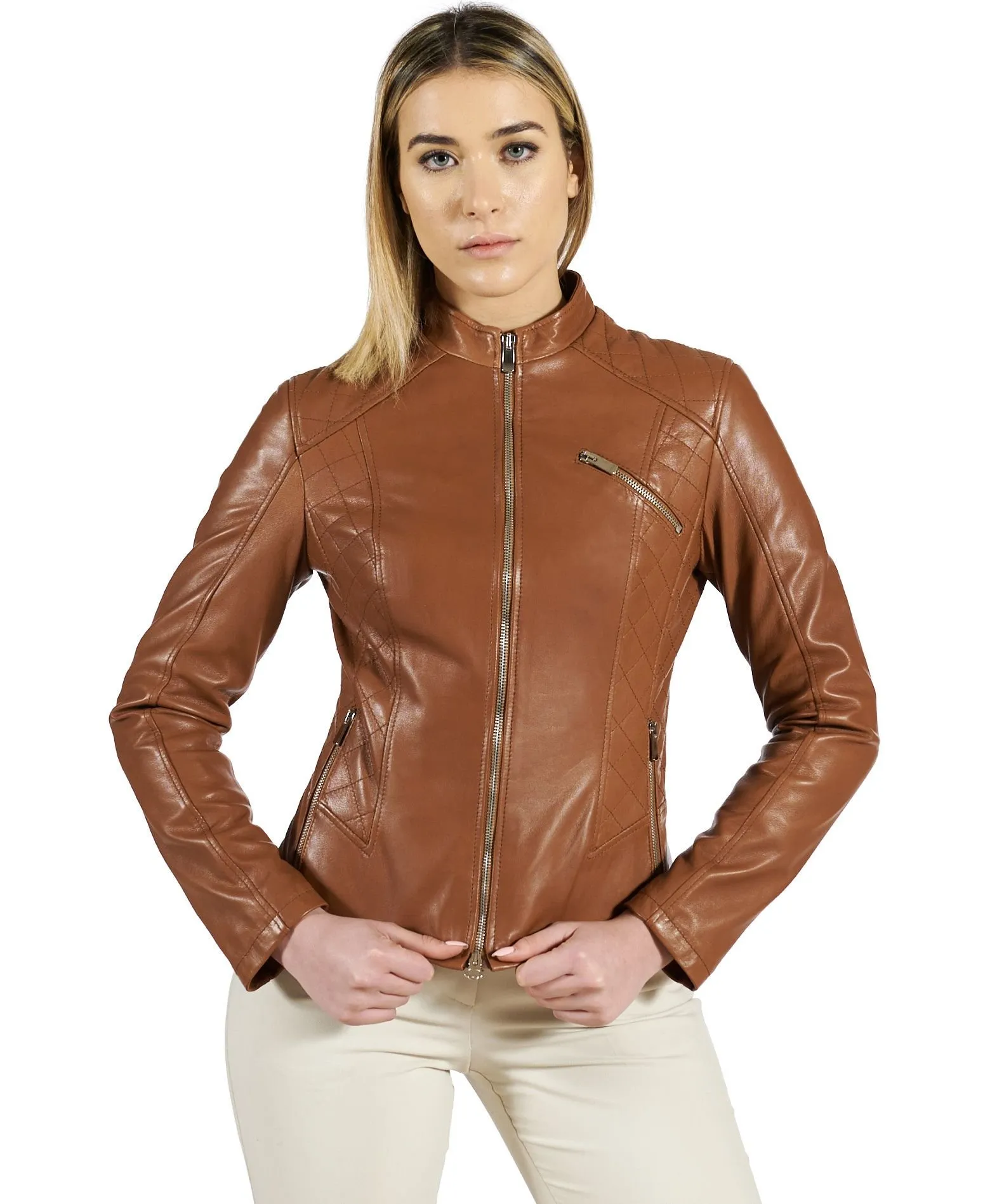 Veste en cuir femme blouson matelassé en cuir cognac Geny