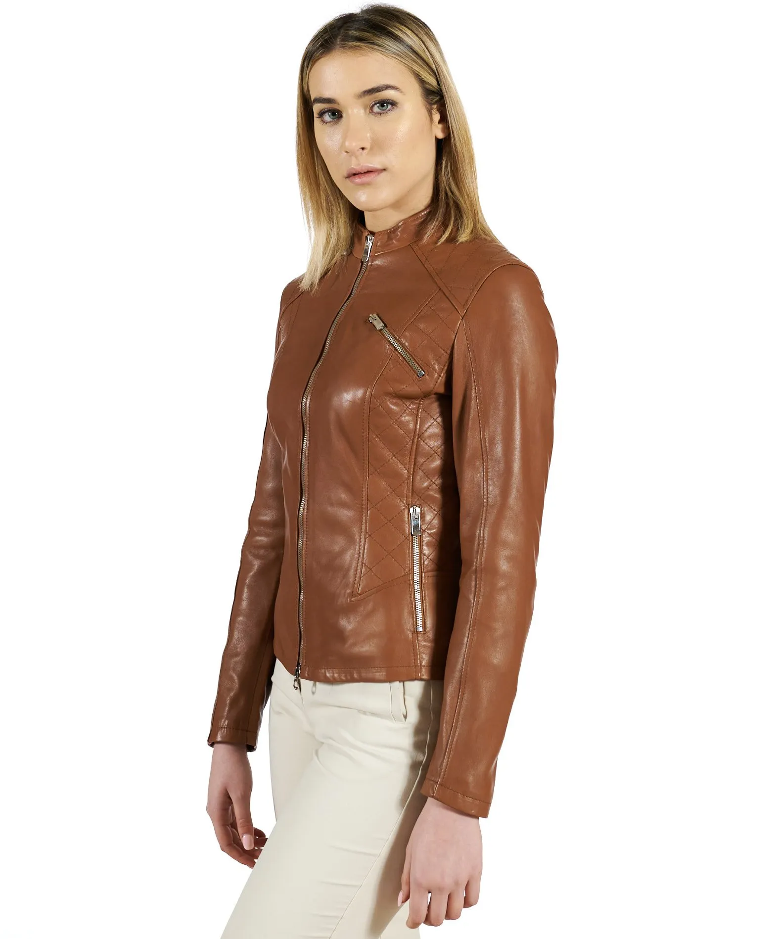 Veste en cuir femme blouson matelassé en cuir cognac Geny